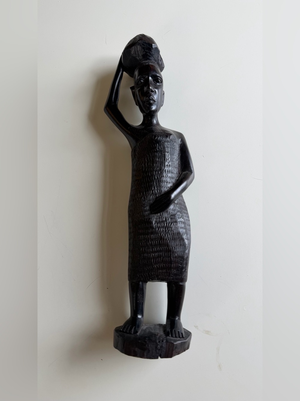 Hand Carved Dark Wood Woman Carrying Basket Figurine Sculpture 13”
